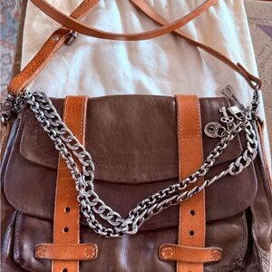 A.S.98 Brown and Tan Leather Crossbody Bag with Chain Detail